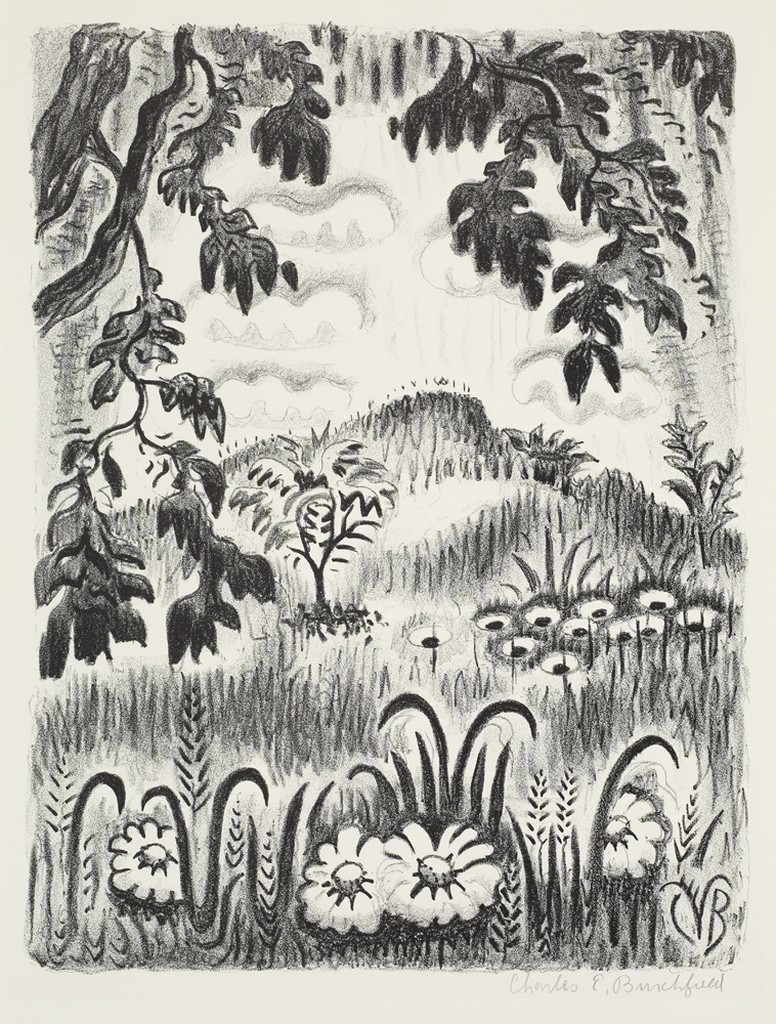 A landscape print with flowers at the bottom, a tree on the left hand side, and a hill in the background.