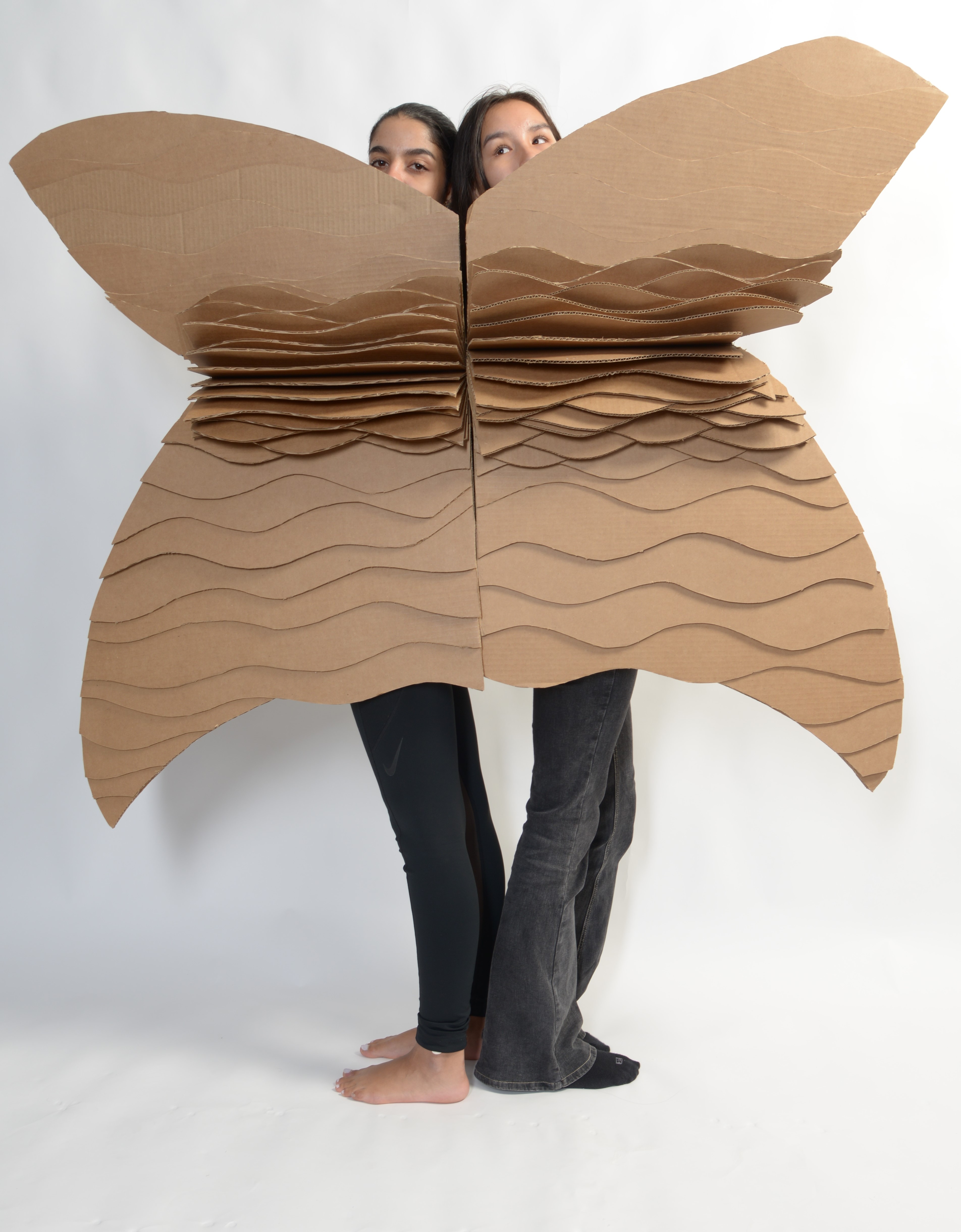 two figures wear cardboard cutouts that combine to look like wings