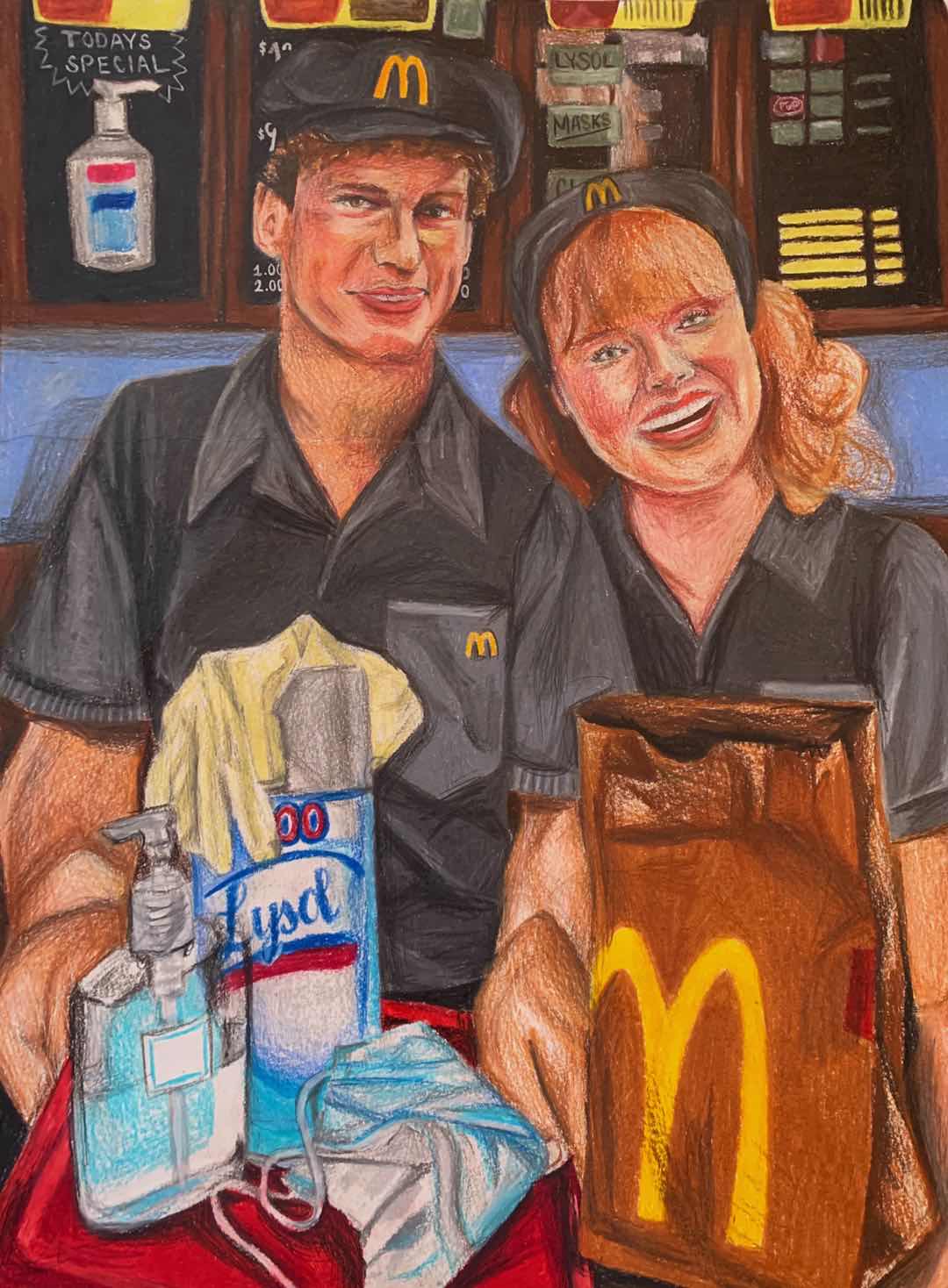 two fast food employee workers holding a tray with a bag and cleaning supplies on it
