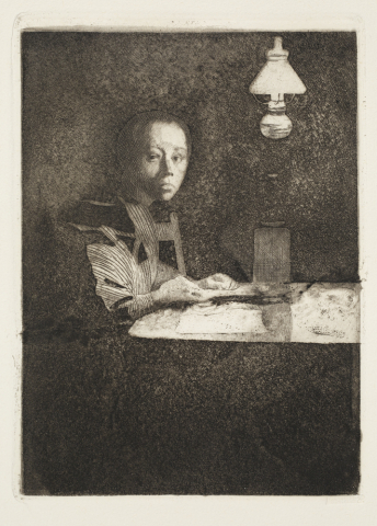 Käthe Kollwitz. Self-portrait at Table, 1893. Etching and aquatint on paper.