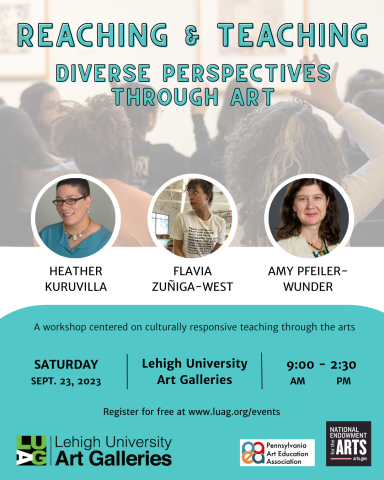 Poster for Reaching and teaching Diverse Perspectives through Art Workshop with speaker headshots