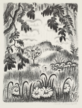A landscape print with flowers at the bottom, a tree on the left hand side, and a hill in the background.